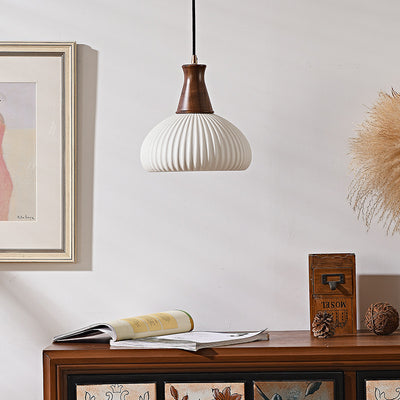 Contemporary Retro Wood Ceramic Pleated Dome 1-Light Pendant Light For Living Room