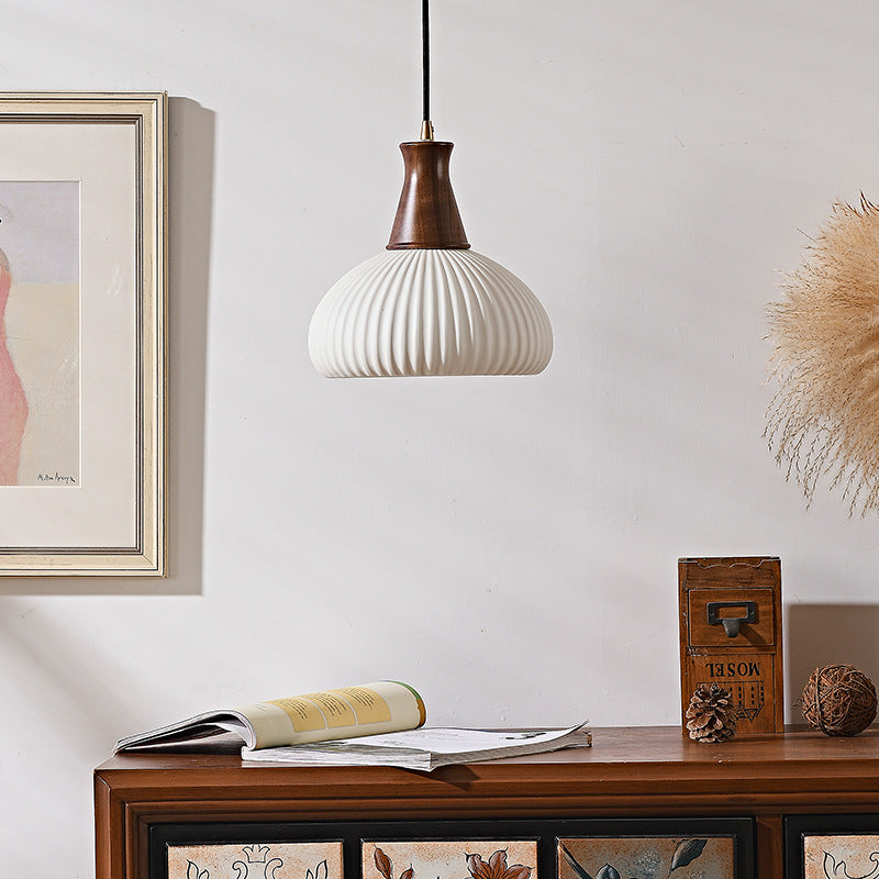 Contemporary Retro Wood Ceramic Pleated Dome 1-Light Pendant Light For Living Room
