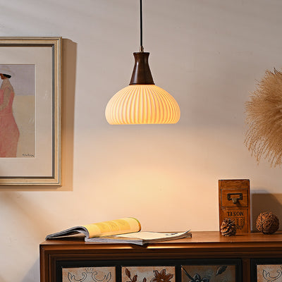Contemporary Retro Wood Ceramic Pleated Dome 1-Light Pendant Light For Living Room
