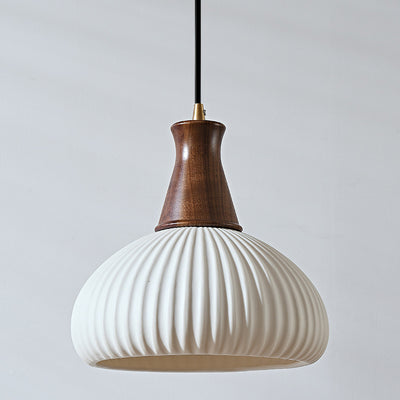 Contemporary Retro Wood Ceramic Pleated Dome 1-Light Pendant Light For Living Room