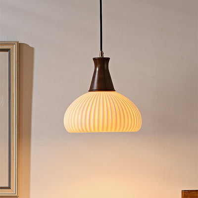 Contemporary Retro Wood Ceramic Pleated Dome 1-Light Pendant Light For Living Room