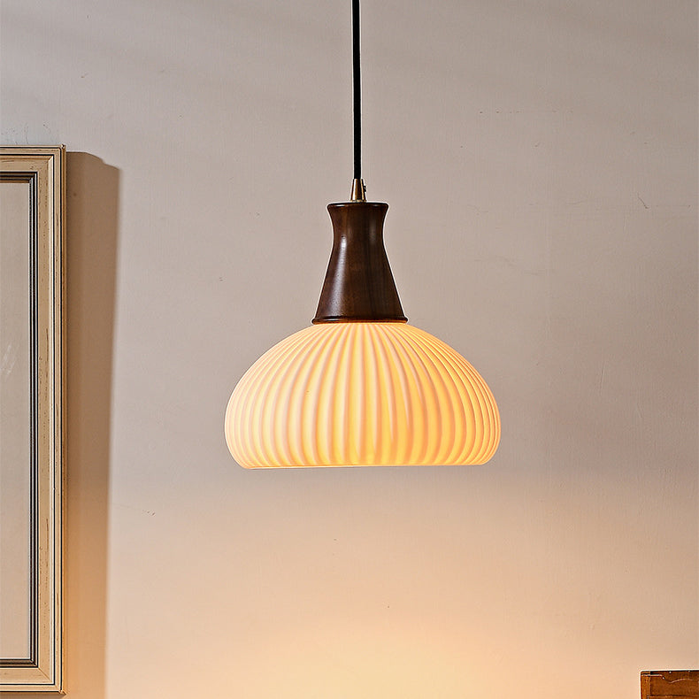 Contemporary Retro Wood Ceramic Pleated Dome 1-Light Pendant Light For Living Room