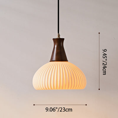 Contemporary Retro Wood Ceramic Pleated Dome 1-Light Pendant Light For Living Room