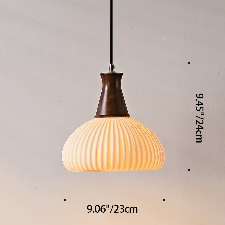 Contemporary Retro Wood Ceramic Pleated Dome 1-Light Pendant Light For Living Room