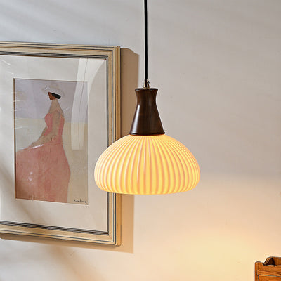 Contemporary Retro Wood Ceramic Pleated Dome 1-Light Pendant Light For Living Room