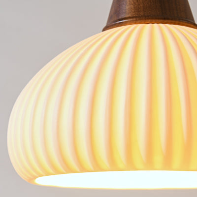 Contemporary Retro Wood Ceramic Pleated Dome 1-Light Pendant Light For Living Room