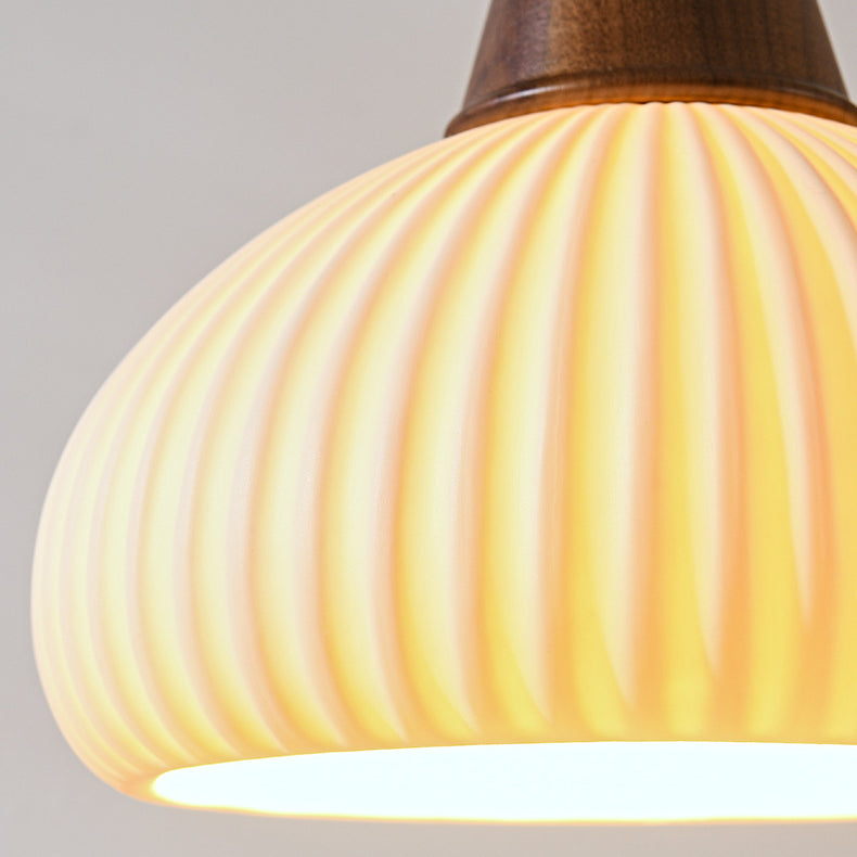 Contemporary Retro Wood Ceramic Pleated Dome 1-Light Pendant Light For Living Room
