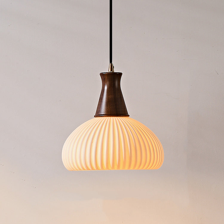 Contemporary Retro Wood Ceramic Pleated Dome 1-Light Pendant Light For Living Room
