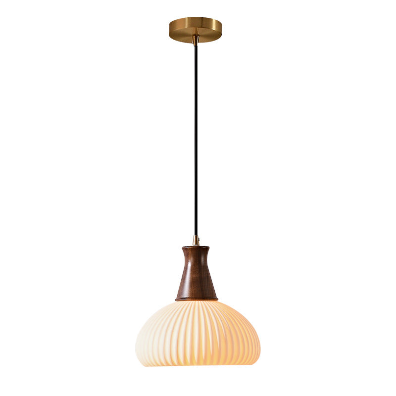 Contemporary Retro Wood Ceramic Pleated Dome 1-Light Pendant Light For Living Room