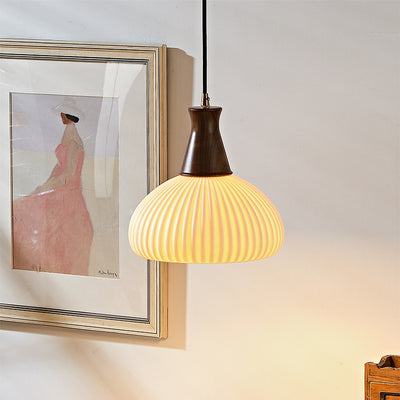 Contemporary Retro Wood Ceramic Pleated Dome 1-Light Pendant Light For Living Room