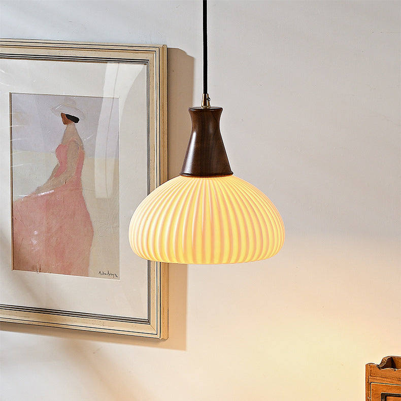 Contemporary Retro Wood Ceramic Pleated Dome 1-Light Pendant Light For Living Room