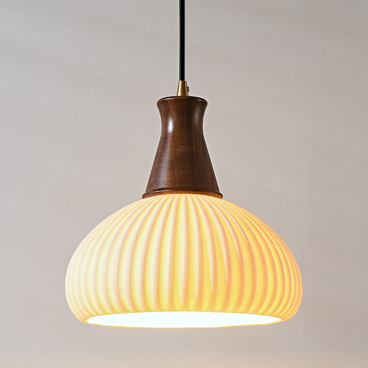 Suspension contemporaine rétro en bois et céramique plissée à 1 lumière pour salon 
