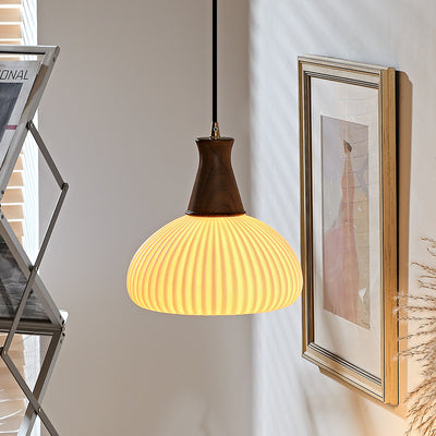 Contemporary Retro Wood Ceramic Pleated Dome 1-Light Pendant Light For Living Room