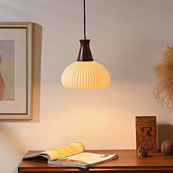 Contemporary Retro Wood Ceramic Pleated Dome 1-Light Pendant Light For Living Room