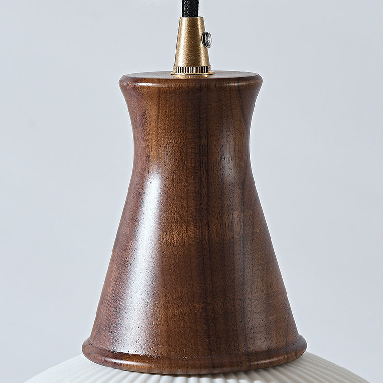 Contemporary Retro Wood Ceramic Pleated Dome 1-Light Pendant Light For Living Room