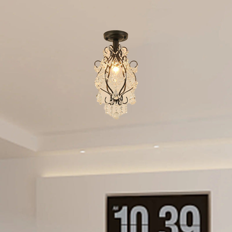 Modern Luxury Beaded Crystal Bent Iron Glass 1-Light Semi-Flush Mount Ceiling Light For Hallway