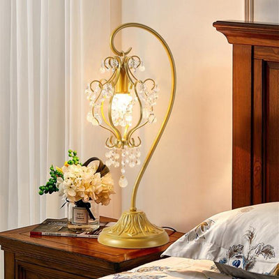 Modern Luxury Beaded Crystal Bent Iron Glass 1-Light Table Lamp For Bedroom