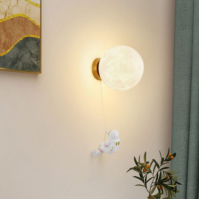 Contemporary Creative Kids Astronaut 3D Moon Silicone Resin Aluminum 1-Light Wall Sconce Lamp For Bedroom