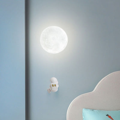 Contemporary Creative Kids Astronaut 3D Moon Silicone Resin Aluminum 1-Light Wall Sconce Lamp For Bedroom
