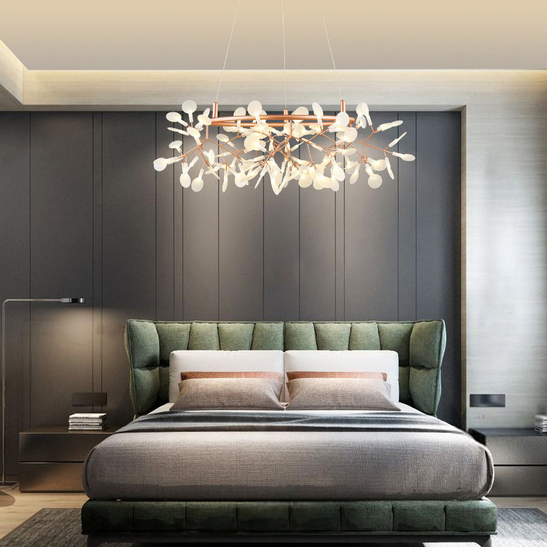 Contemporary Creative Round Branch Firefly Acrylic Stainless Steel LED Chandelier For Bedroom