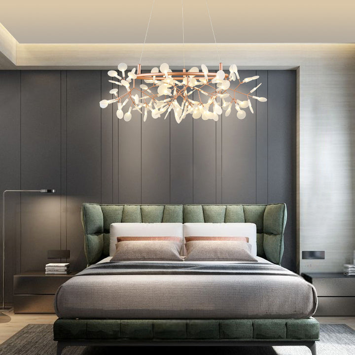 Lustre LED en acrylique et acier inoxydable avec branche ronde créative contemporaine et luciole pour chambre 
