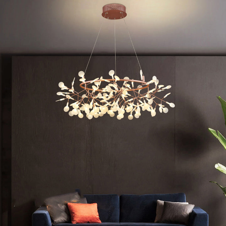 Lustre LED en acrylique et acier inoxydable avec branche ronde créative contemporaine et luciole pour chambre 