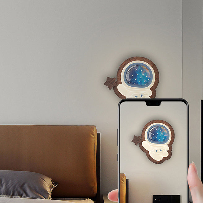 Lampe murale LED avec abat-jour en PE, base en bois, étoile astronaute créative contemporaine, lune, pour chambre à coucher 