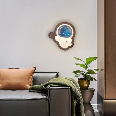 Contemporary Creative Astronaut Star Moon Wood Base PE Shade LED Wall Sconce Lamp For Bedroom