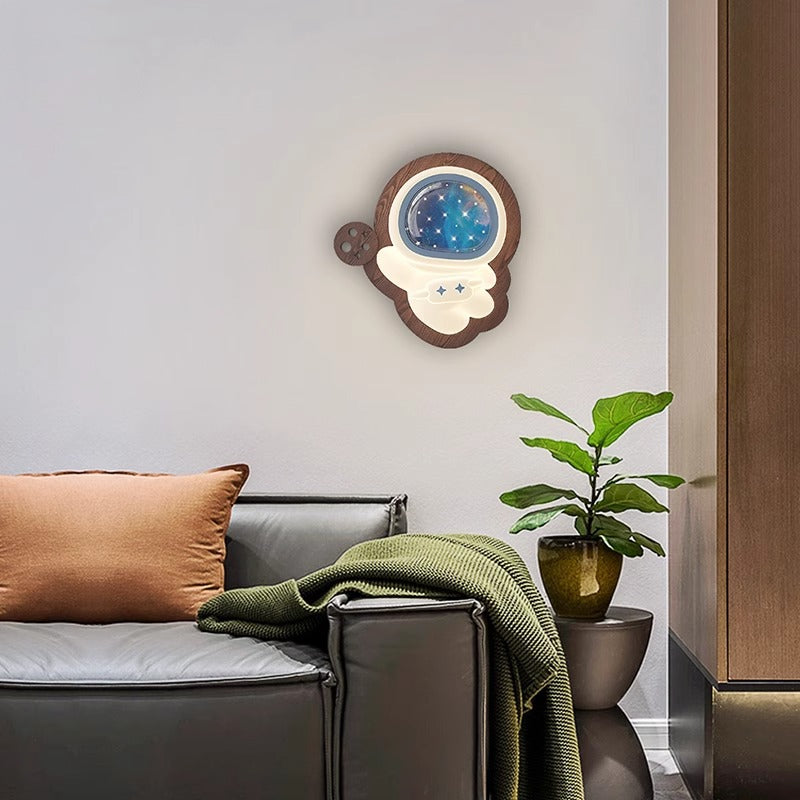 Contemporary Creative Astronaut Star Moon Wood Base PE Shade LED Wall Sconce Lamp For Bedroom