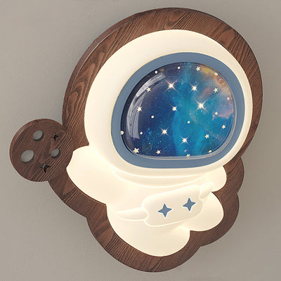 Contemporary Creative Astronaut Star Moon Wood Base PE Shade LED Wall Sconce Lamp For Bedroom