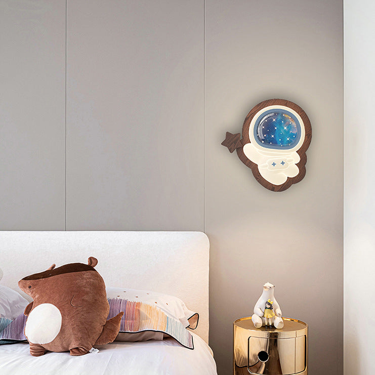 Contemporary Creative Astronaut Star Moon Wood Base PE Shade LED Wall Sconce Lamp For Bedroom