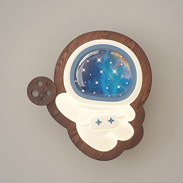 Contemporary Creative Astronaut Star Moon Wood Base PE Shade LED Wall Sconce Lamp For Bedroom