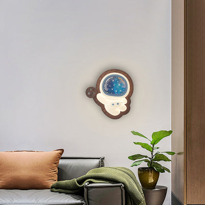 Contemporary Creative Astronaut Star Moon Wood Base PE Shade LED Wall Sconce Lamp For Bedroom