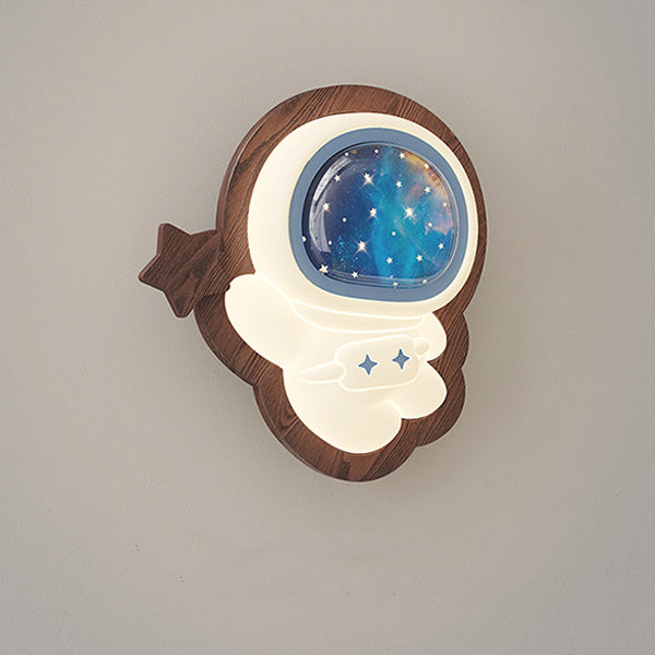 Contemporary Creative Astronaut Star Moon Wood Base PE Shade LED Wall Sconce Lamp For Bedroom