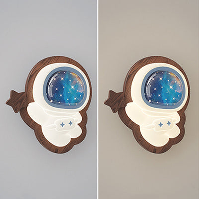 Contemporary Creative Astronaut Star Moon Wood Base PE Shade LED Wall Sconce Lamp For Bedroom