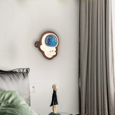 Contemporary Creative Astronaut Star Moon Wood Base PE Shade LED Wall Sconce Lamp For Bedroom