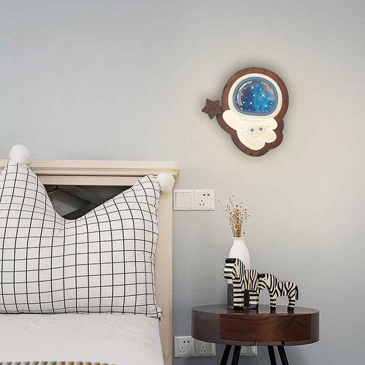 Lampe murale LED avec abat-jour en PE, base en bois, étoile astronaute créative contemporaine, lune, pour chambre à coucher 