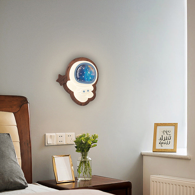 Contemporary Creative Astronaut Star Moon Wood Base PE Shade LED Wall Sconce Lamp For Bedroom