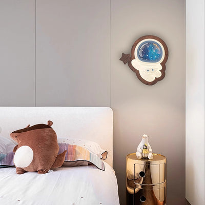 Contemporary Creative Astronaut Star Moon Wood Base PE Shade LED Wall Sconce Lamp For Bedroom