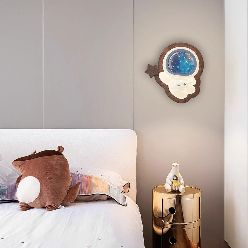 Contemporary Creative Astronaut Star Moon Wood Base PE Shade LED Wall Sconce Lamp For Bedroom