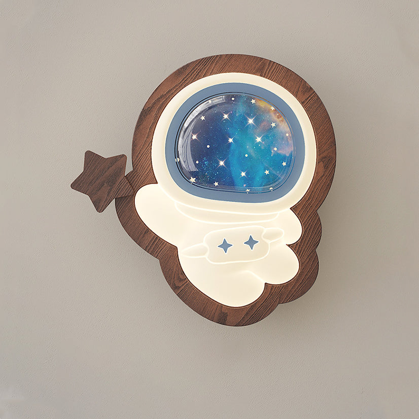 Lampe murale LED avec abat-jour en PE, base en bois, étoile astronaute créative contemporaine, lune, pour chambre à coucher 