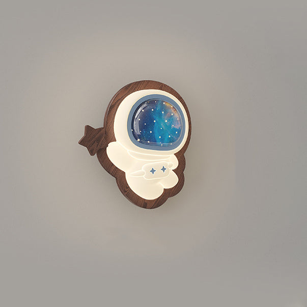 Contemporary Creative Astronaut Star Moon Wood Base PE Shade LED Wall Sconce Lamp For Bedroom