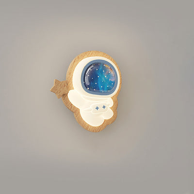 Contemporary Creative Astronaut Star Moon Wood Base PE Shade LED Wall Sconce Lamp For Bedroom