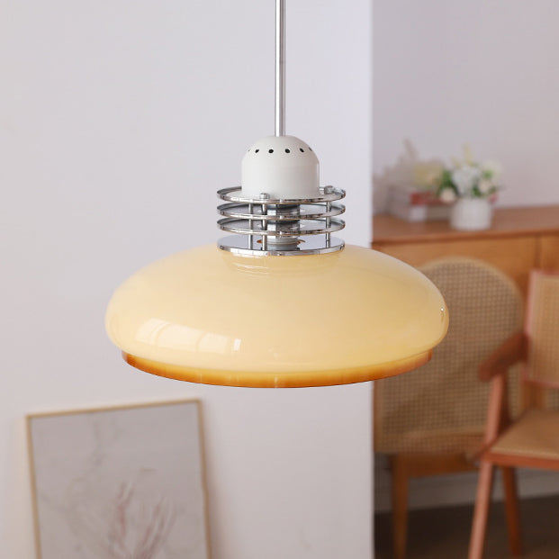 Traditionelle Vintage Pendelleuchte mit rundem Kopf und Glasschirm aus Eisen und PVC, 1-Licht für Wohnzimmer 