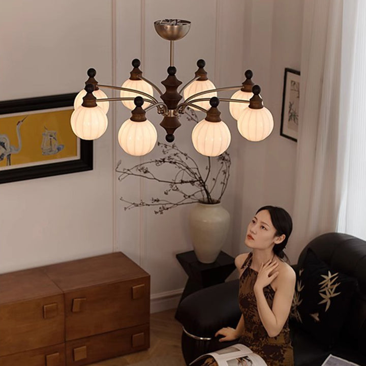 Matériel rétro contemporain Cadre en bois Boule de verre Lustre à 3/5/8 lumières pour salon 