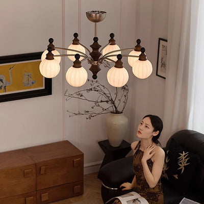 Contemporary Retro Hardware Wood Frame Glass Ball 3/5/8-Light Chandelier For Living Room