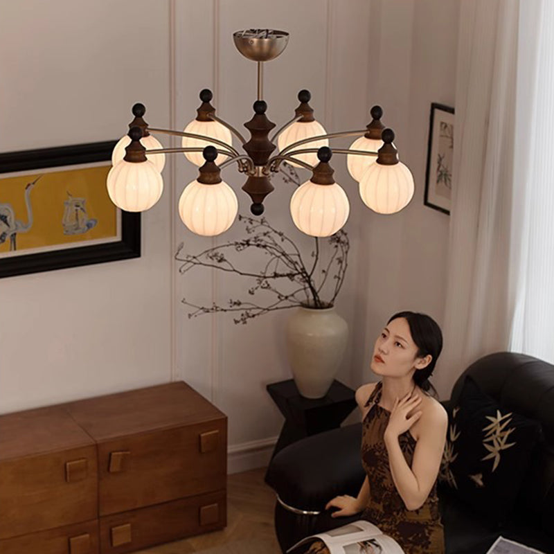 Contemporary Retro Hardware Wood Frame Glass Ball 3/5/8-Light Chandelier For Living Room