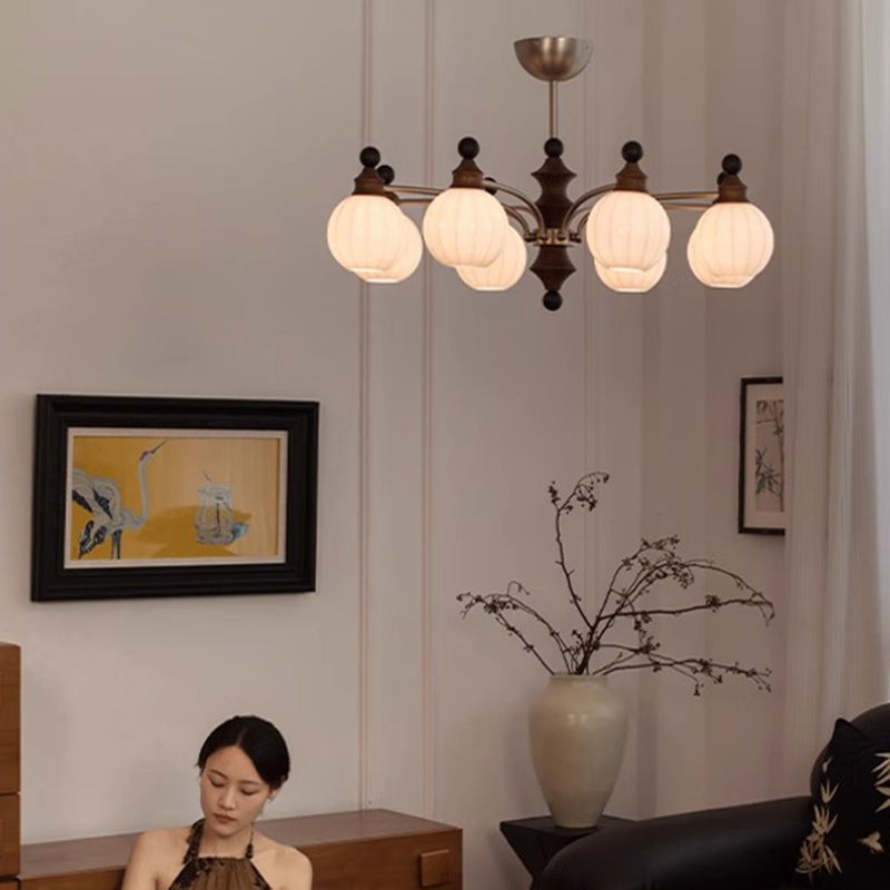 Contemporary Retro Hardware Wood Frame Glass Ball 3/5/8-Light Chandelier For Living Room