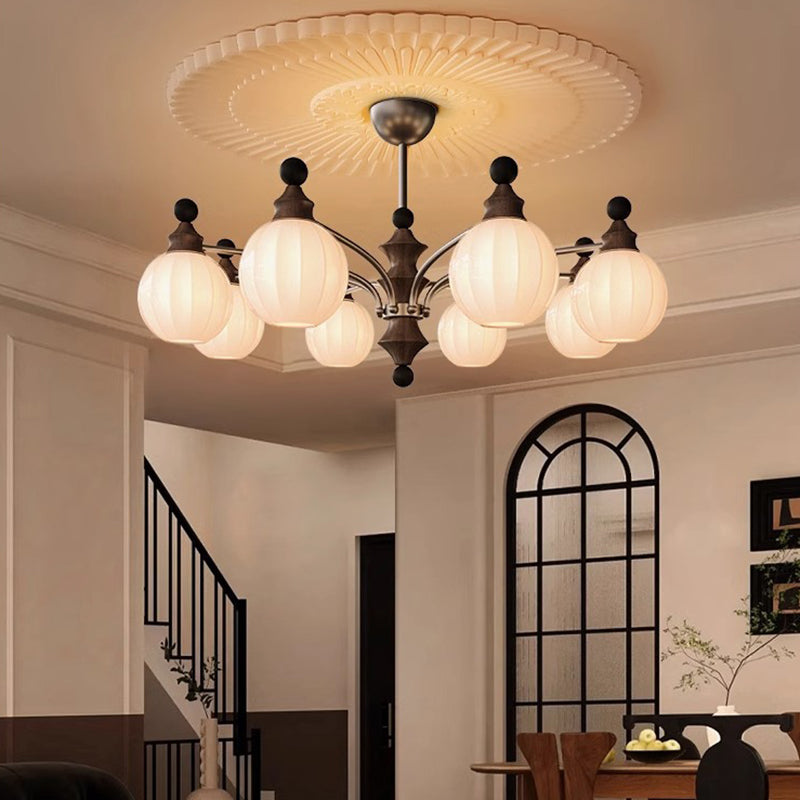 Contemporary Retro Hardware Wood Frame Glass Ball 3/5/8-Light Chandelier For Living Room
