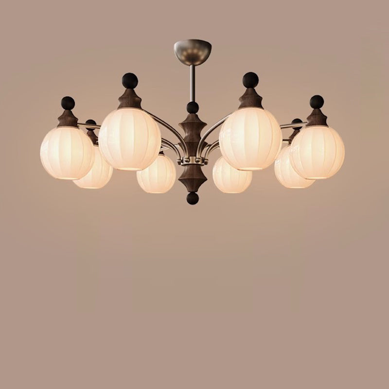 Contemporary Retro Hardware Wood Frame Glass Ball 3/5/8-Light Chandelier For Living Room